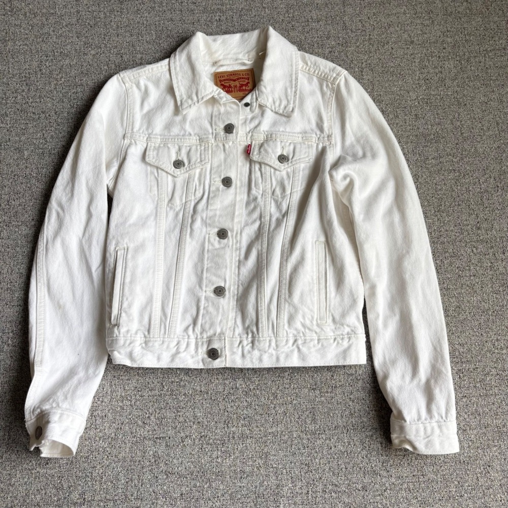Levis White Denim Trucker Jacket Womens Medium Button Front Cotton Jean Coat